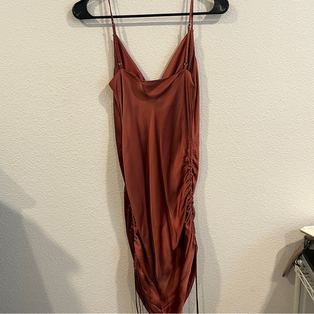 Aritzia Wilfred Only Ruched Slip Dress rust color mini dress cowl neck small - Picture 7 of 10